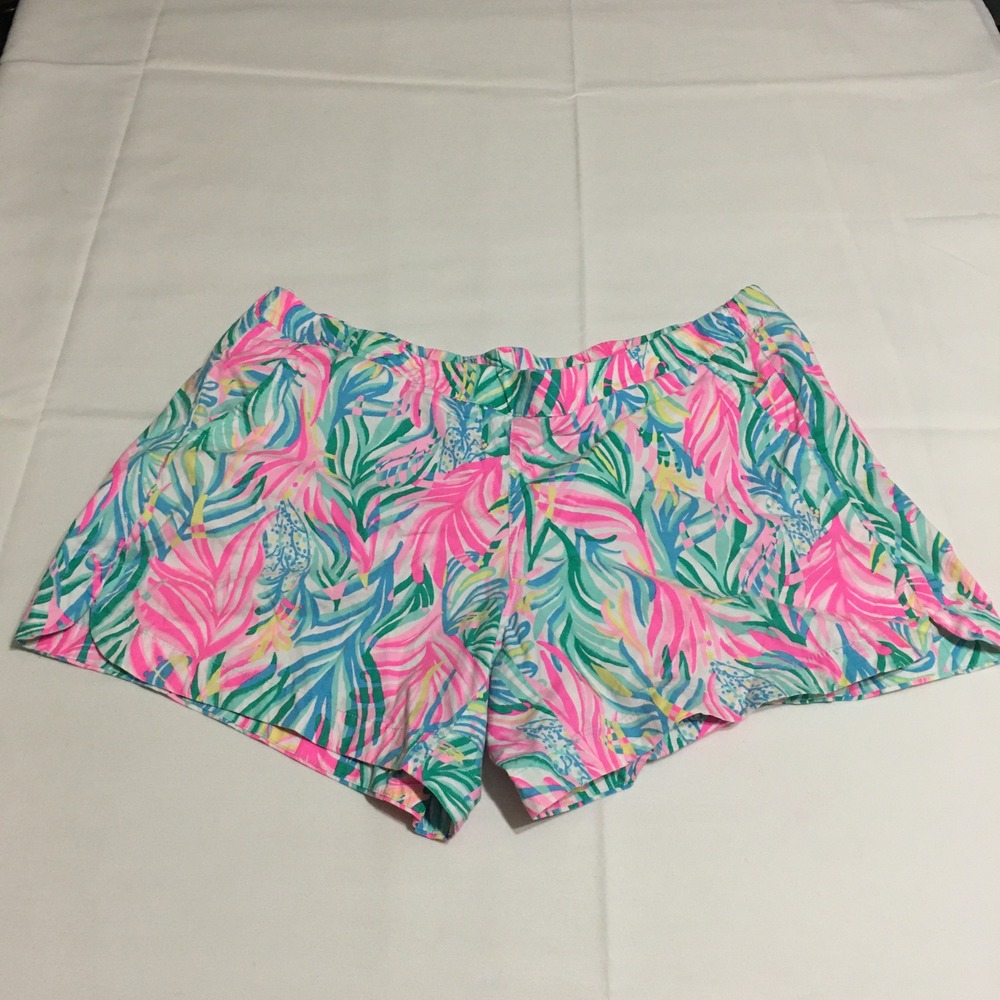 Lilly Pulitzer Ocean View Shorts Women Large Pink Green Tropical Palm Leaf